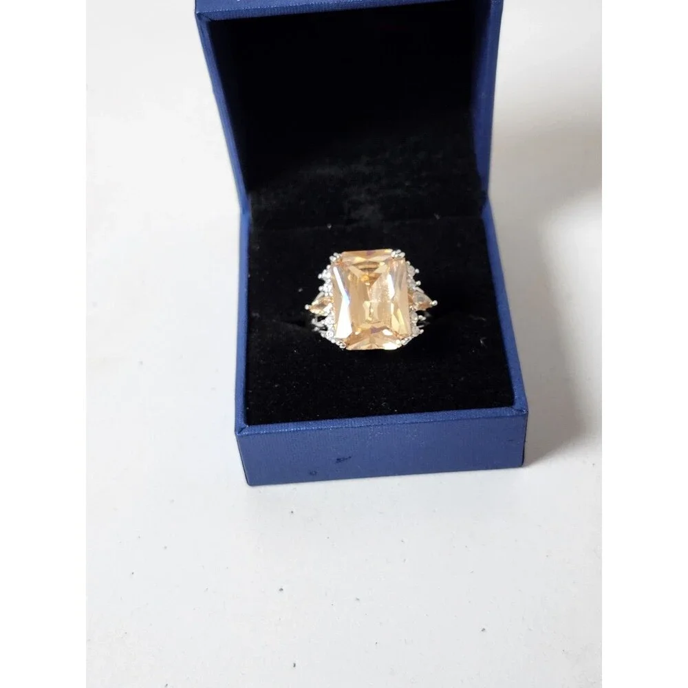 925 Sterling Silver Emerald Cut Champagne Cubic Zirconia Size 9 Ring